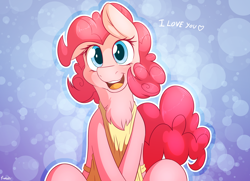 Size: 1280x929 | Tagged: dead source, safe, artist:fluffyxai, pinkie pie, earth pony, pony, apron, chest fluff, clothes, cute, diapinkes, looking at you, open mouth, solo