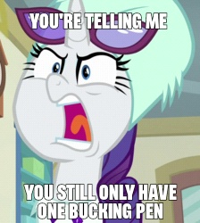 Size: 224x250 | Tagged: safe, edit, edited screencap, screencap, rarity, pony, unicorn, best gift ever, angry, caption, female, image macro, mare, reference, text, turnabout storm, vulgar