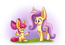 Size: 1450x1000 | Tagged: safe, artist:heir-of-rick, apple bloom, fluttershy, butterfly, pegasus, pony, adorabloom, cute, cutie mark, duo, impossibly large ears, shyabetes, the cmc's cutie marks