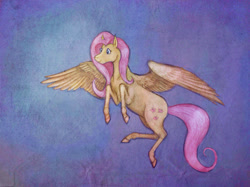 Size: 2592x1936 | Tagged: safe, artist:sofia-the-dreamer, fluttershy, pegasus, pony, flying, looking away, smiling, solo, spread wings, traditional art