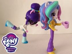 Size: 1400x1050 | Tagged: safe, artist:whatthehell!?, princess celestia, principal celestia, sci-twi, twilight sparkle, equestria girls, clothes, coat, cup, desk, doll, equestria girls minis, glasses, irl, jacket, pants, pencil, photo, shoes, smiley face, toy