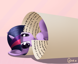 Size: 4000x3272 | Tagged: safe, artist:galekz, derpibooru import, twilight sparkle, unicorn twilight, pony, unicorn, absurd resolution, cute, inside scroll, looking at you, on side, scroll, simple background, smiling, solo, twiabetes