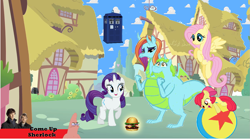 Size: 1277x711 | Tagged: source needed, useless source url, safe, artist:theunknowenone1, apple bloom, fluttershy, rarity, sassy saddles, whoa nelly, dragon, ball, burger, devon and cornwall, doctor who, dragonified, easter, easter egg, food, hamburger, joke, luxo's ball, patrick star, pixar, quest for camelot, sassy nelly, sherlock, species swap, tardis, toy story, two-headed dragon, wat
