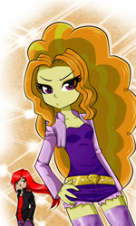 Size: 1320x2200 | Tagged: safe, artist:nekojackun, adagio dazzle, oc, equestria girls, cleavage, clothes, duo, duo female, female, hand on hip, red hair, two toned hair, yellow skin