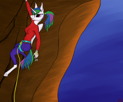 Size: 1920x1600 | Tagged: safe, artist:wax-42, princess celestia, anthro, unguligrade anthro, climbing, mountain, rock, sky