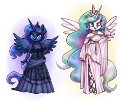 Size: 1510x1280 | Tagged: safe, artist:king-kakapo, princess celestia, princess luna, alicorn, anthro, unguligrade anthro, clothes, crown, dress, duo, female, jewelry, mare, regalia, royal sisters, side slit, sisters, smiling