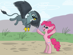 Size: 1600x1200 | Tagged: safe, artist:tamu569, gabby, pinkie pie, earth pony, griffon, pony, beak, bipedal, blue eyes, chest fluff, detailed background, dirt path, duo, duo female, flying, open mouth, pink coat, pink mane, pink tail, smiling, spread wings, underhoof, wings