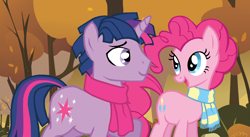 Size: 1424x780 | Tagged: safe, artist:dilemmas4u, derpibooru import, dusk shine, pinkie pie, twilight sparkle, earth pony, pony, clothes, duskpie, female, half r63 shipping, male, rule 63, scarf, shipping, show accurate, straight, twinkie