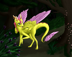 Size: 1024x819 | Tagged: safe, artist:victorydanceofficial, fluttershy, dragon, colored wings, colored wingtips, dragonified, forest, solo, species swap, spread wings