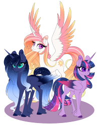 Size: 600x760 | Tagged: safe, alternate version, artist:peridotkitty, princess celestia, princess luna, twilight sparkle, twilight sparkle (alicorn), alicorn, pony, alternate color palette, colored hooves, colored wings, colored wingtips, ear fluff, ethereal mane, female, gradient wings, mare, multicolored wings, royal sisters, simple background, spread wings, starry mane, transparent background, trio, unshorn fetlocks, wings