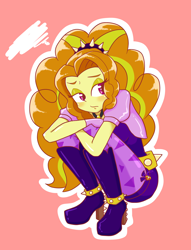 Size: 1800x2350 | Tagged: safe, artist:minami_um, adagio dazzle, equestria girls, blushing, boots, clothes, female, pixiv, red background, shoes, simple background, solo