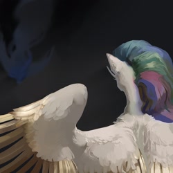 Size: 2160x2160 | Tagged: safe, artist:yanisfucker, princess celestia, princess luna, alicorn, pony, back, colored wings, colored wingtips, dark, ear fluff, female, fluffy, flying, mare, missing accessory, shoulder fluff, solo, spread wings, wing fluff, wings