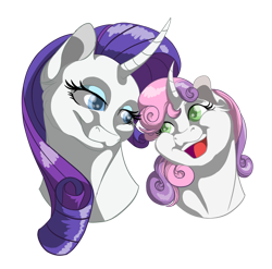 Size: 1024x1010 | Tagged: safe, artist:lisianthus, rarity, sweetie belle, pony, unicorn, :3, bust, curved horn, cute, female, horn, siblings, sisterly love, sisters, smiling