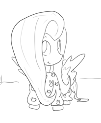 Size: 350x424 | Tagged: safe, fluttershy, pegasus, pony, clothes, lineart, looking at you, looking up, monochrome, solo, sweater, sweatershy