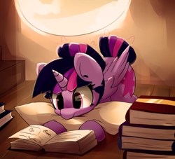 Size: 5000x4539 | Tagged: safe, artist:bloodatius, twilight sparkle, twilight sparkle (alicorn), alicorn, pony, absurd resolution, book, bookhorse, cute, female, golden oaks library, hair bun, mare, pillow, prone, reading, smiling, solo, tail bun, that pony sure does love books, twiabetes