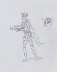 Size: 1401x1758 | Tagged: safe, artist:coppercat25, derpibooru exclusive, princess celestia, alicorn, anthro, alternate hairstyle, fear, female, grayscale, gun, looking at you, monochrome, shotgun, solo, traditional art, weapon