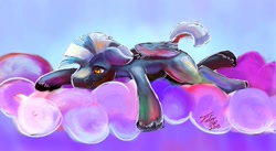 Size: 1280x703 | Tagged: safe, artist:tsitra360, thunderlane, cloud, cloudy, lying down, prone, solo, sploot