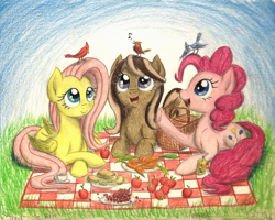 Size: 1332x1068 | Tagged: safe, artist:thefriendlyelephant, fluttershy, pinkie pie, oc, oc:caramel breeze, bird, blue jay, cardinal, pegasus, pony, apple, carrot, commission, cucumber, cucumber sandwiches, food, grapes, juice, juice box, music notes, picnic, picnic basket, picnic blanket, teacup, traditional art