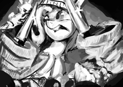 Size: 2480x1754 | Tagged: safe, artist:toisanemoif, fluttershy, angel, pegasus, pony, black and white, chef's hat, food, grayscale, hat, knife, monochrome, newbie artist training grounds, wing hands