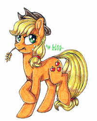 Size: 1282x1600 | Tagged: safe, artist:liza-jack, applejack, earth pony, pony, crossed hooves, simple background, solo, straw, traditional art