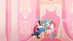 Size: 1024x576 | Tagged: safe, artist:laps-sp, discord, princess celestia, alicorn, pony, clothes, discord tales, dress, female, male, pinkie tales, ruff (clothing), throne