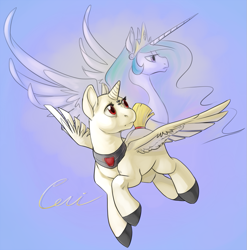 Size: 987x1000 | Tagged: safe, artist:php27, princess celestia, oc, oc:ceri, alicorn, pony, duo, flying, horn, peytral, simple background, spread wings, wings