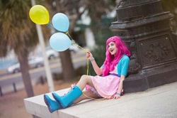 Size: 720x479 | Tagged: safe, artist:sarahndipitycosplay, pinkie pie, human, equestria girls, balloon, boots, clothes, cosplay, costume, high heel boots, irl, irl human, photo, solo