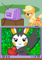 Size: 564x800 | Tagged: safe, applejack, earth pony, pony, apple, bedroom eyes, crack shipping, emolga, exploitable meme, food, hatless, love face, meme, missing accessory, obligatory pony, pokémon, shipping, tv meme