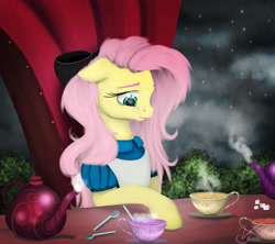 Size: 5363x4768 | Tagged: safe, artist:vinicius040598, fluttershy, pegasus, pony, absurd resolution, alice in wonderland, clothes, crossover, cup, dress, floppy ears, looking down, night, pinafore, sitting, solo, spoon, sugarcube, table, tea party, teapot