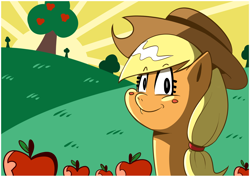 Size: 1600x1131 | Tagged: safe, artist:alvh-omega, applejack, earth pony, pony, apple, apple tree, cowboy hat, crepuscular rays, food, hat, solo, stetson, sunrise