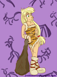 Size: 1024x1365 | Tagged: safe, artist:kasei-yoshi, applejack, equestria girls, caveman, cavewoman, club, female, purple background, simple background, solo, watermark