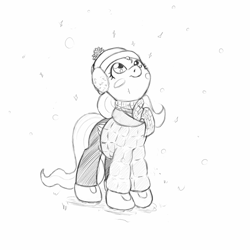 Size: 1200x1200 | Tagged: safe, artist:trickydick, fluttershy, pegasus, pony, blush sticker, blushing, boots, clothes, earmuffs, hat, jacket, looking up, monochrome, pants, scarf, simple background, snow, snowfall, solo, white background