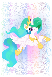 Size: 938x1388 | Tagged: safe, artist:nanook123, daybreaker, princess celestia, alicorn, pony, crown, cutie mark, female, flying, jewelry, looking at you, mare, regalia, solo