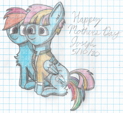 Size: 3012x2760 | Tagged: safe, artist:mlplayer dudez, derpibooru import, rainbow dash, windy whistles, pegasus, pony, cel shading, clothes, colored, cute, duo, female, graph paper, happy, hug, looking at each other, mare, mother, mother and child, mother and daughter, parent and child, shading, signature, sitting, smiling, traditional art, winghug, wings