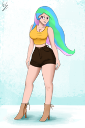 Size: 1283x1920 | Tagged: safe, artist:egstudios93, princess celestia, human, boots, clothes, humanized, midriff, shirt, shoes, shorts, solo, stupid sexy celestia