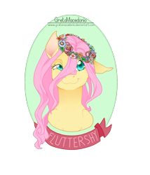 Size: 1200x1400 | Tagged: safe, artist:gretamacedonio, fluttershy, pegasus, pony, :3, floppy ears, floral head wreath, looking at you, simple background, smiling, solo, transparent background