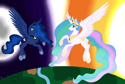 Size: 2500x1666 | Tagged: safe, artist:akashasi, princess celestia, princess luna, alicorn, pony, moon, sun