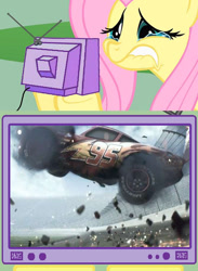 Size: 563x771 | Tagged: safe, fluttershy, pegasus, pony, cars (pixar), cars 3, crash, disney, exploitable meme, fluttercry, lightning mcqueen, meme, obligatory pony, tv meme