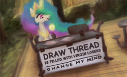 Size: 1600x969 | Tagged: safe, artist:plotcore, edit, princess celestia, alicorn, pony, /mlp/, 4chan, change my mind, colored, drawthread, funny, funny as hell, meme, mugclub, solo, steven crowder