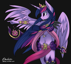 Size: 995x893 | Tagged: safe, artist:php41, derpibooru exclusive, derpibooru import, twilight sparkle, twilight sparkle (alicorn), alicorn, anthro, belly button, black background, braid, crown, female, horn, jewelry, loincloth, midriff, multicolored hair, pointing, purple eyes, regalia, simple background, smiling, solo, spread wings, tiara, unconvincing armor, wings