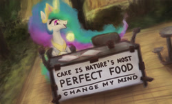 Size: 1600x969 | Tagged: safe, artist:plotcore, princess celestia, alicorn, pony, cake, cakelestia, change my mind, colored, cute, drawthread, female, food, glowing horn, horn, magic, mare, meme, request, sign, sitting, solo, steven crowder, table, telekinesis, text