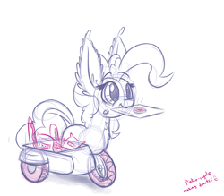 Size: 800x700 | Tagged: safe, artist:heir-of-rick, pinkie pie, original species, pony, :3, chest fluff, cute, donut, ear fluff, fluffy, food, impossibly large ears, motorcycle, ponycycle, sidecar, simple background, sketch, smiling, solo, species swap, text, tricycle, wheel, wheelpone, white background