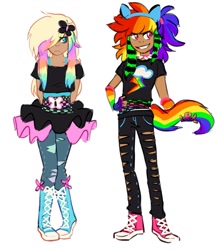 Size: 917x1024 | Tagged: safe, artist:zukosbf, derpibooru import, fluttershy, rainbow dash, human, boots, clothes, converse, cutie mark, cutie mark on clothes, fake ears, fake tail, humanized, jeans, pants, ripped pants, scene, shirt, shoes, simple background, skirt, sneakers, white background