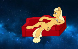 Size: 3072x1920 | Tagged: safe, artist:chapaevv, applejack, earth pony, pony, alcohol, food, sofa, solo, space