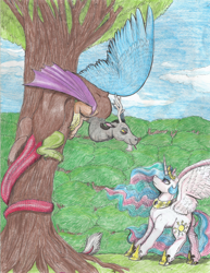 Size: 1488x1924 | Tagged: safe, artist:69beas, discord, princess celestia, alicorn, draconequus, pony, duo, spread wings, tongue out, traditional art, tree, wings