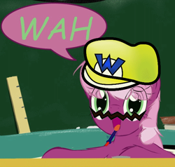 Size: 538x512 | Tagged: safe, artist:frist44, cheerilee, cosplay, hair over eyes, hat, moustache, open mouth, quote, speech bubble, super mario bros., wah, wario, wario's hat, yellow hat