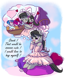 Size: 1781x2139 | Tagged: safe, artist:yulyeen, dj pon-3, octavia melody, vinyl scratch, earth pony, pony, ask, ask lolitavia, blushing, bow, clothes, cute, doll, dress, female, hair bow, heart, lolita fashion, mare, pillow, solo, tavibetes, tumblr