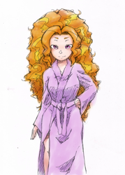 Size: 583x816 | Tagged: safe, artist:aisureimi, adagio dazzle, equestria girls, 4chan, bathrobe, clothes, human coloration, looking at you, robe, solo