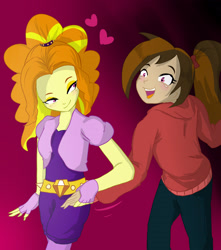 Size: 2480x2800 | Tagged: safe, artist:amazingpuffhair, adagio dazzle, oc, oc:cupcake slash, equestria girls, bedroom eyes, blushing, canon x oc, cute, female, heart, holding hands, lesbian, self insert, shipping