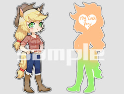 Size: 500x380 | Tagged: safe, artist:kura, applejack, human, boots, clothes, eared humanization, hand on hip, hat, humanized, jeans, looking at you, pants, simple background, solo, tailed humanization, watermark